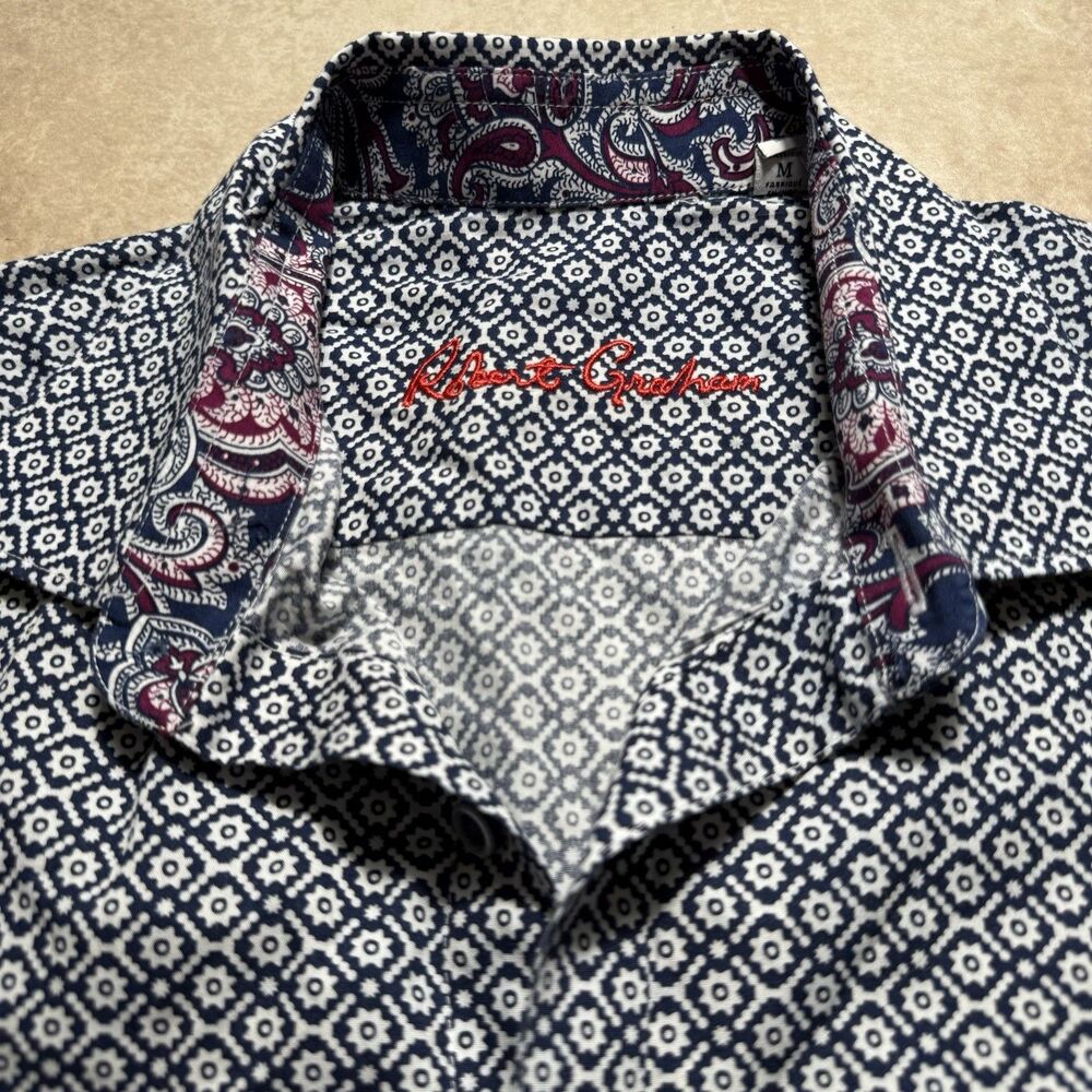 Robert Graham Men's M Short Sleeve Paisley Geometric Button-Up Shirt White Blue